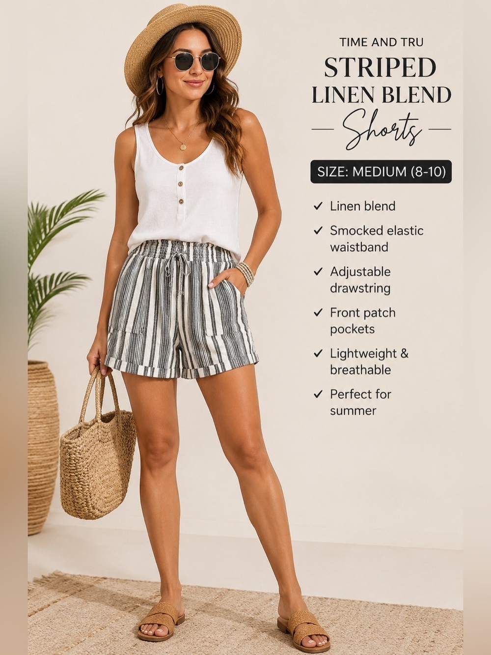 Time and Tru Linen Blend Striped Shorts Medium 8-10 Black White Pull-On Pockets